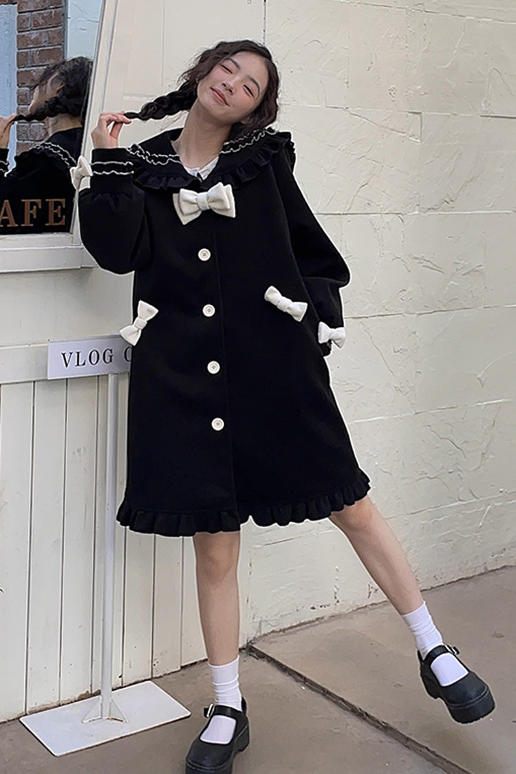 Black [Bouquet Bear] Doll Collar Long Sleeves Ruffle Bowknot Princess Lolita Coat
