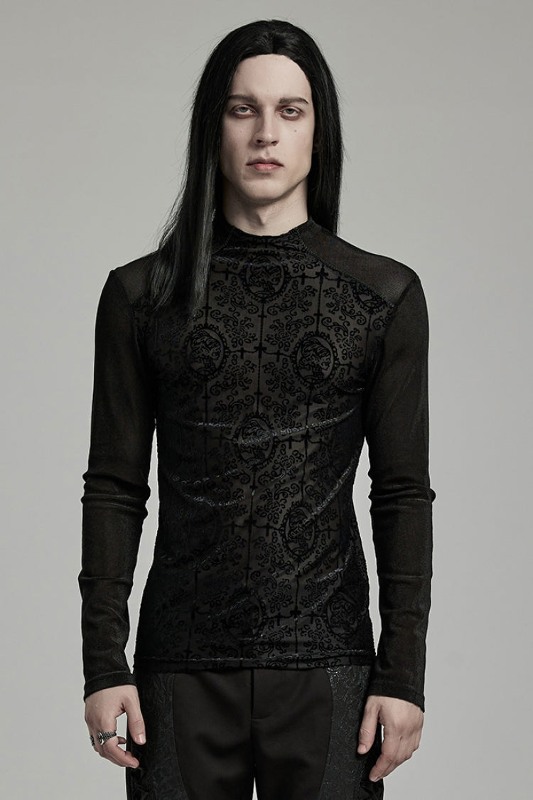 Schwarze Bluse mit Stehkragen, langen Ärmeln, Stickerei und Flockdruck im gotischen Stil für Herren 