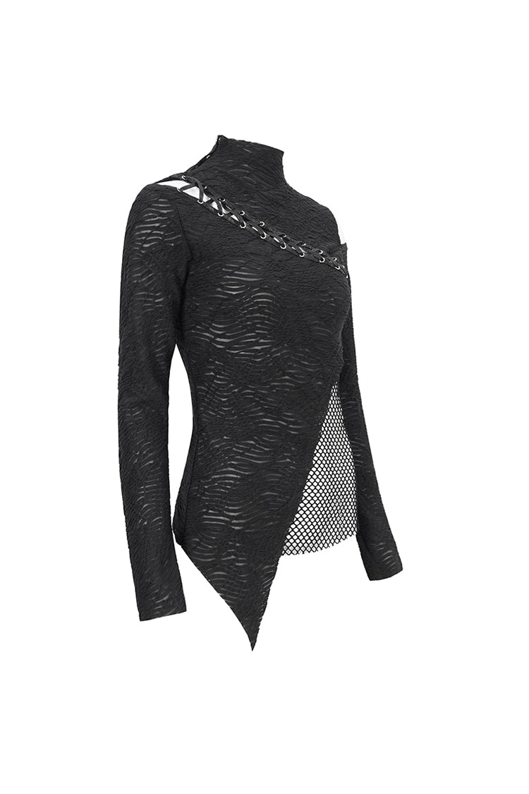 Schwarzes Gothic-Shirt mit Riemchen und Cutout aus Netzstoff für Damen