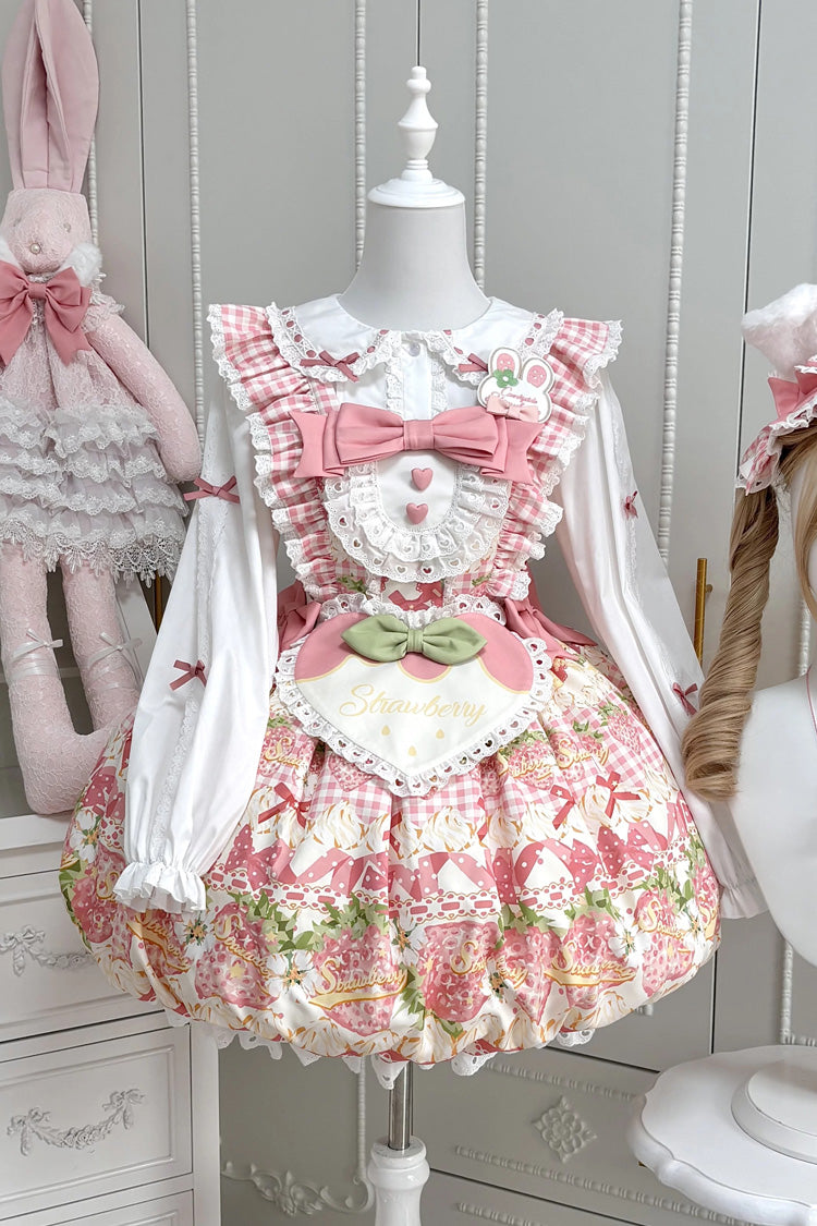 [Rabbit Berry Tower] Quadratischer Kragen, Flatterärmel, bedruckt, Rüschen, Schleife, Spitze, süßes Lolita-JSK-Kleid, 2 Farben (rot, rosa)