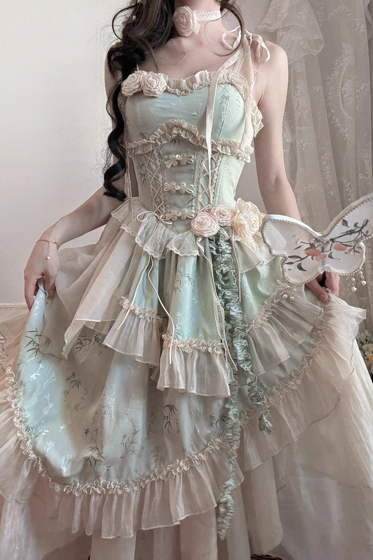 Green [Tea Bamboo Song] Sleeveless Print Ruffle Bowknot Sweet Chinese Style Elegant Ballet Lolita Jsk Long Dress