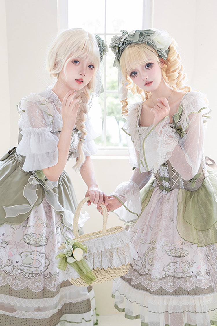 Green [Teacup Rabbit] Multi-Layered Print Ruffle Embroidery Bowknot Lace Asymmetric Sweet Elegant Lolita Jsk Dress