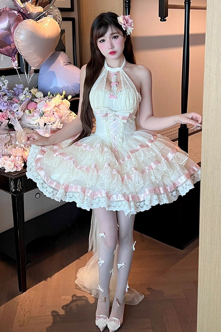 Robe Lolita Beige [Ballet Dream] à col licou avec volants à trois couches, nœud papillon et laçage, style princesse douce 