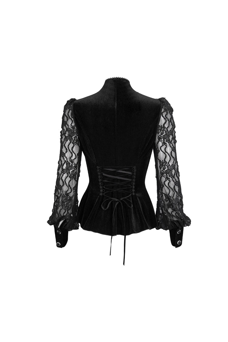 Schwarzer Samt-Hochhals-Spitzen-Fake-BH-Design, das dreidimensionales Schmetterlingsnetz-Gothic-Shirt für Damen spleißt