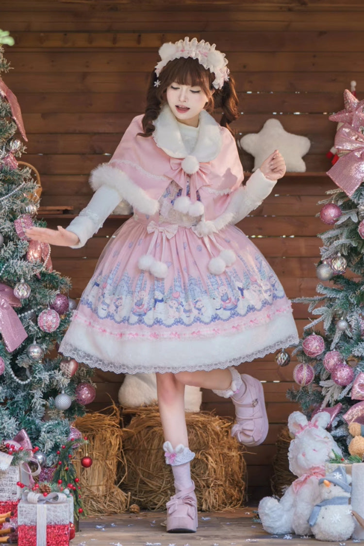 Pink [Snowball Wonderland] Print Merry Christmas Ruffle Bowknot Lace Sweet Lolita Jsk Dress