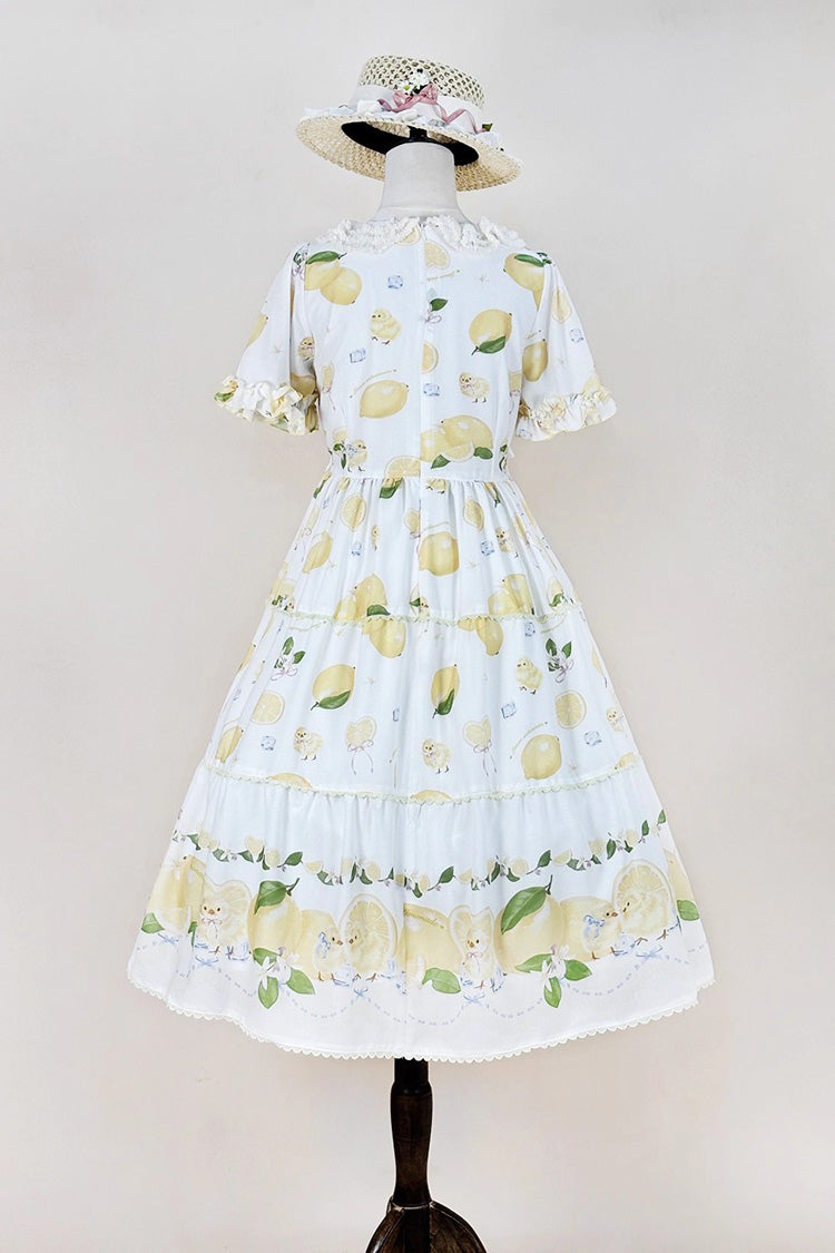 White [Lemon Chicken] Short Sleeves Print Ruffle Bowknot Lace Daily Sweet Lolita Dress