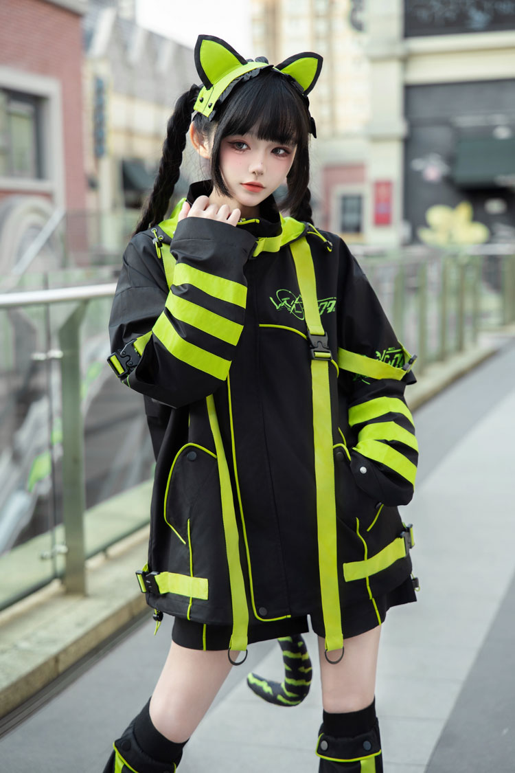 Yellow/Green/Black Long Sleeves Print Cat Ears Hooded Jirai Kei Handsome Coat