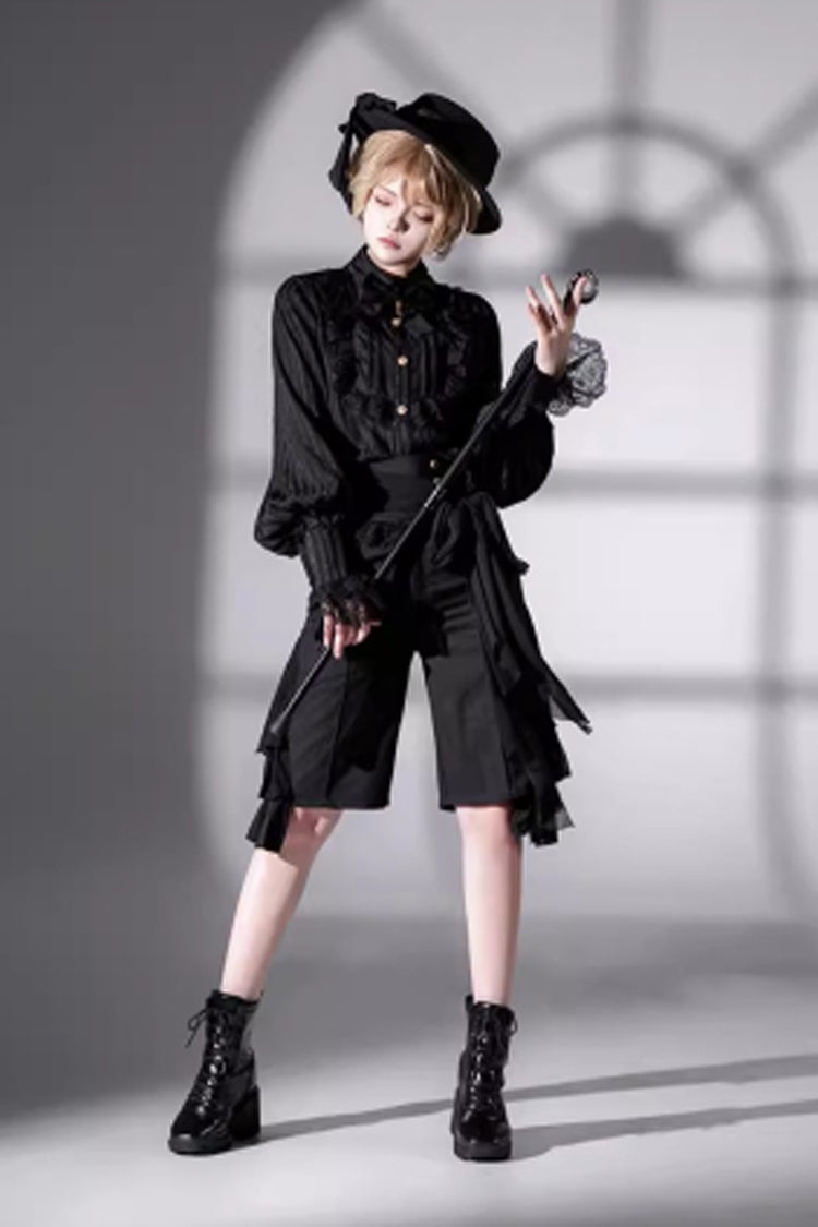 Black [Eternal City] Long Sleeves Lace Gothic Prince Medieval Ouji Lolita Blouse Knee-Length Shorts Set