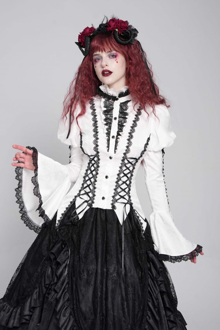 White Stand Collar Long Puff Sleeves Floral Jacquard Lace-Up Women's Gothic Blouse