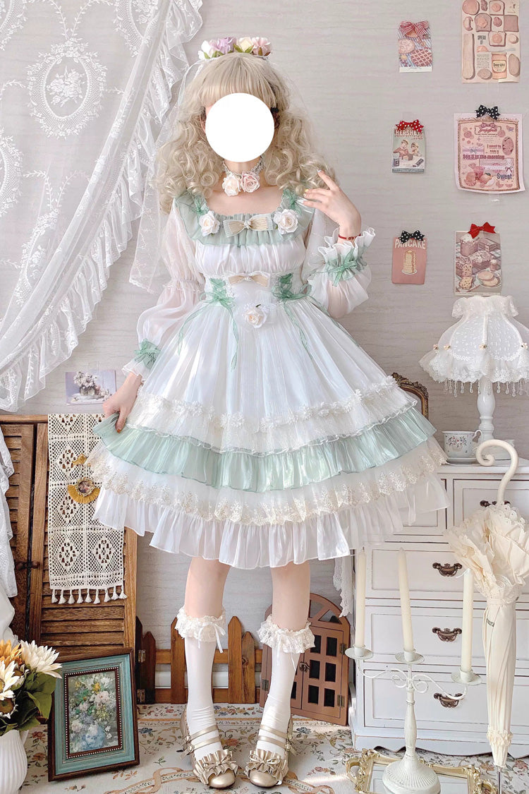 Green [Spring of Boliya] Long Sleeves Multi-Layered Ruffle Bowknot Lace Lace-Up Sweet Princess Lolita Dress