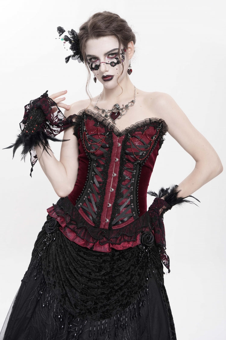 Red Sleeveless Beaded Lace Lace-Up Women's Gothic Overbust Corset