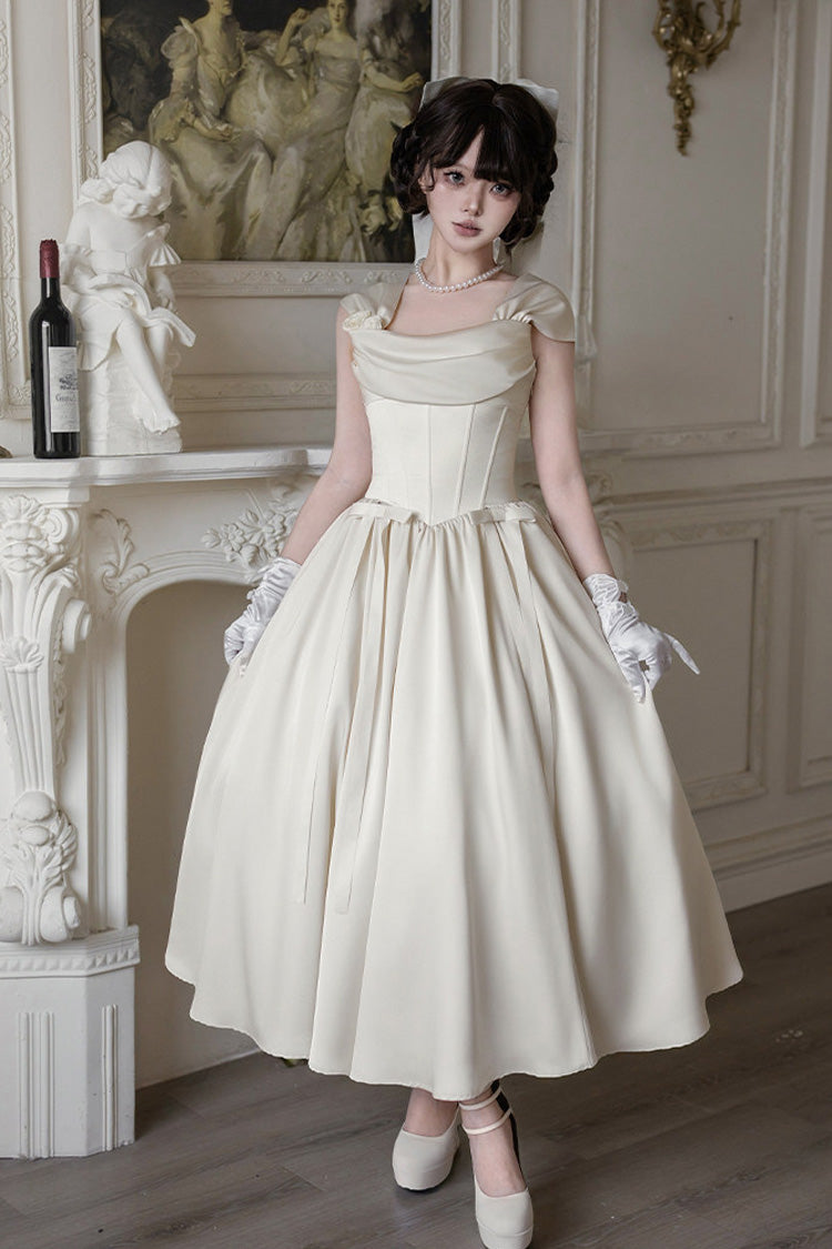 Ivoire [Avec Amour] Ensemble de Robe Lolita Jsk Vintage Élégant à Col Carré sans Manches en Arête de Poisson