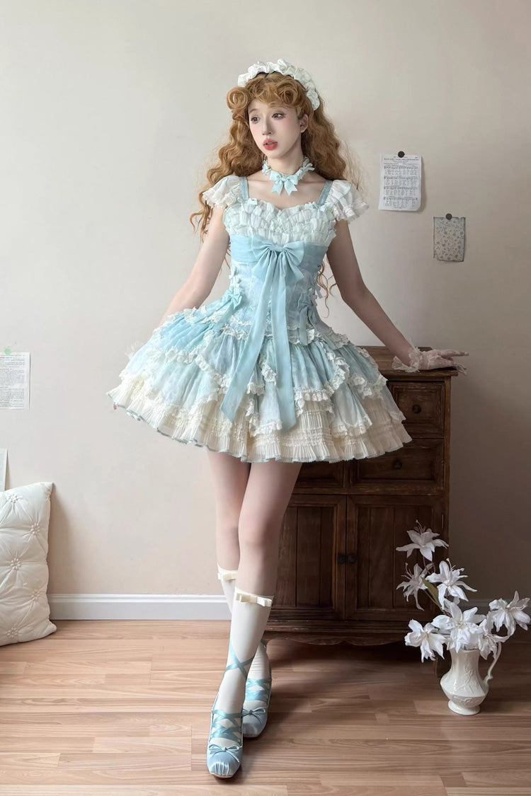 Green [Floral Dream] Short Sleeves Multi-Layered Ruffle Embroidery Bowknot Lace-Up Sweet Elegant Ballet Lolita Jsk Dress