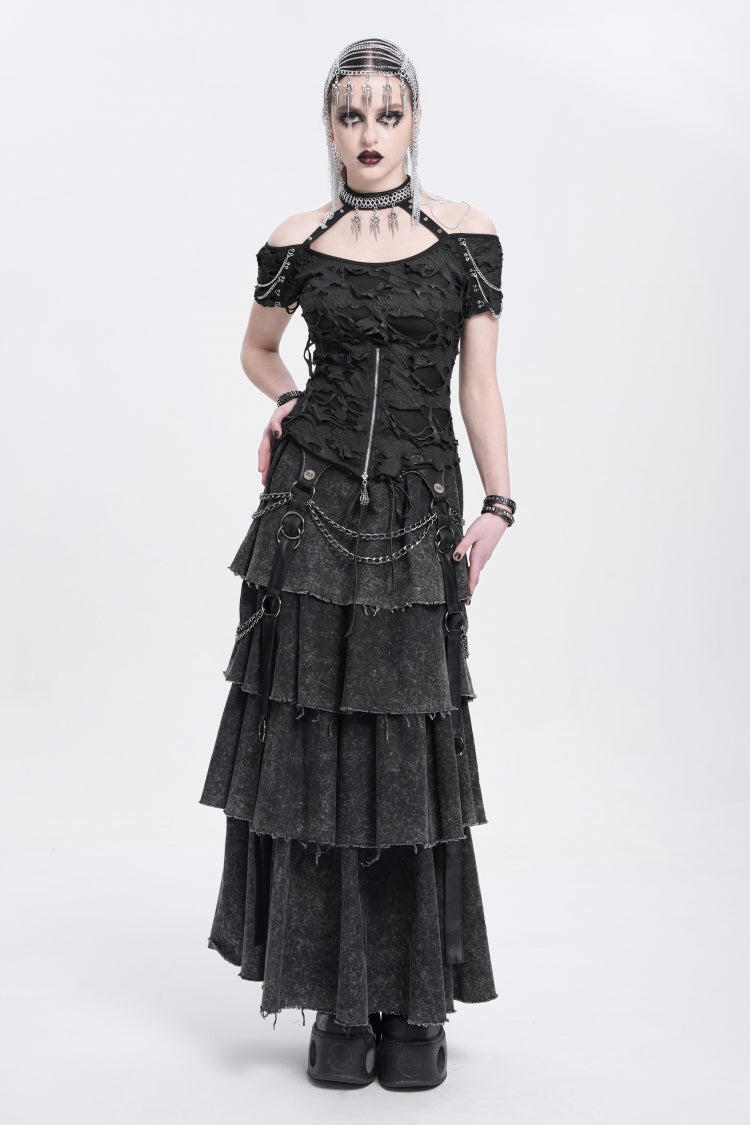 Black Off Shoulder Halterneck Ripped Women's Punk Blouse