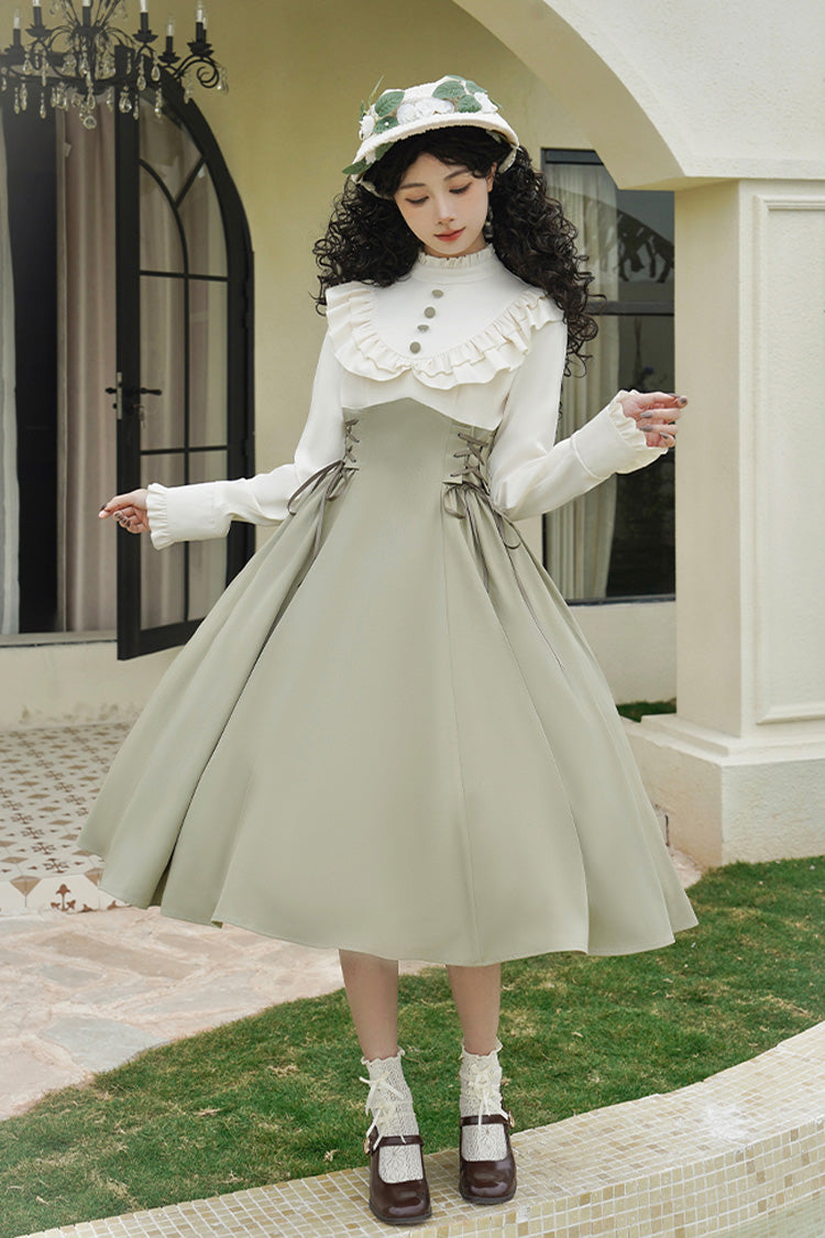 White/Green [Wind Garden] Stand Collar Ruffle Lace-Up Color Matching Fake Two Pieces Classic Vintage Lolita Dress