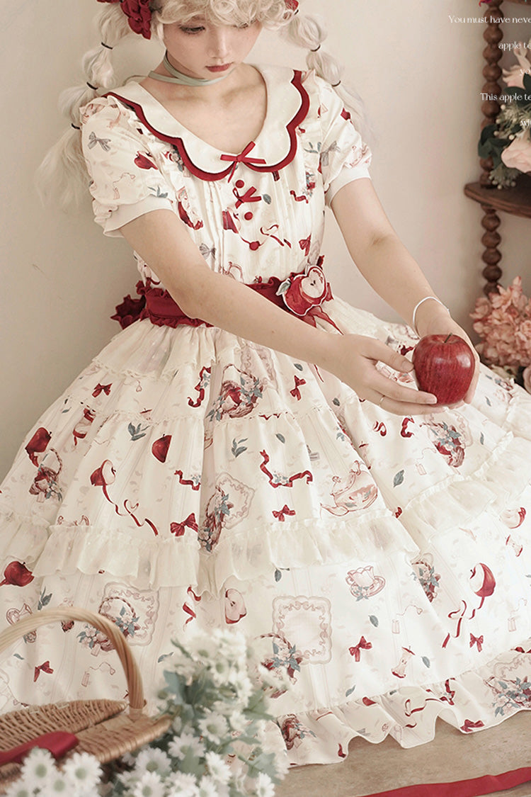 White Apple Tea Print Short Sleeves Country Style Ruffle Bowknot Sweet Lolita Dress