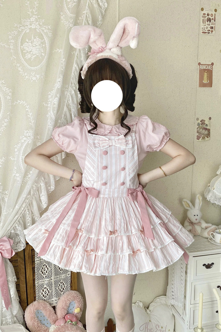 Pink Cotton Sleeveless Triple-Layered Printed Ruffled Bow Sweet Lolita Strap Dress