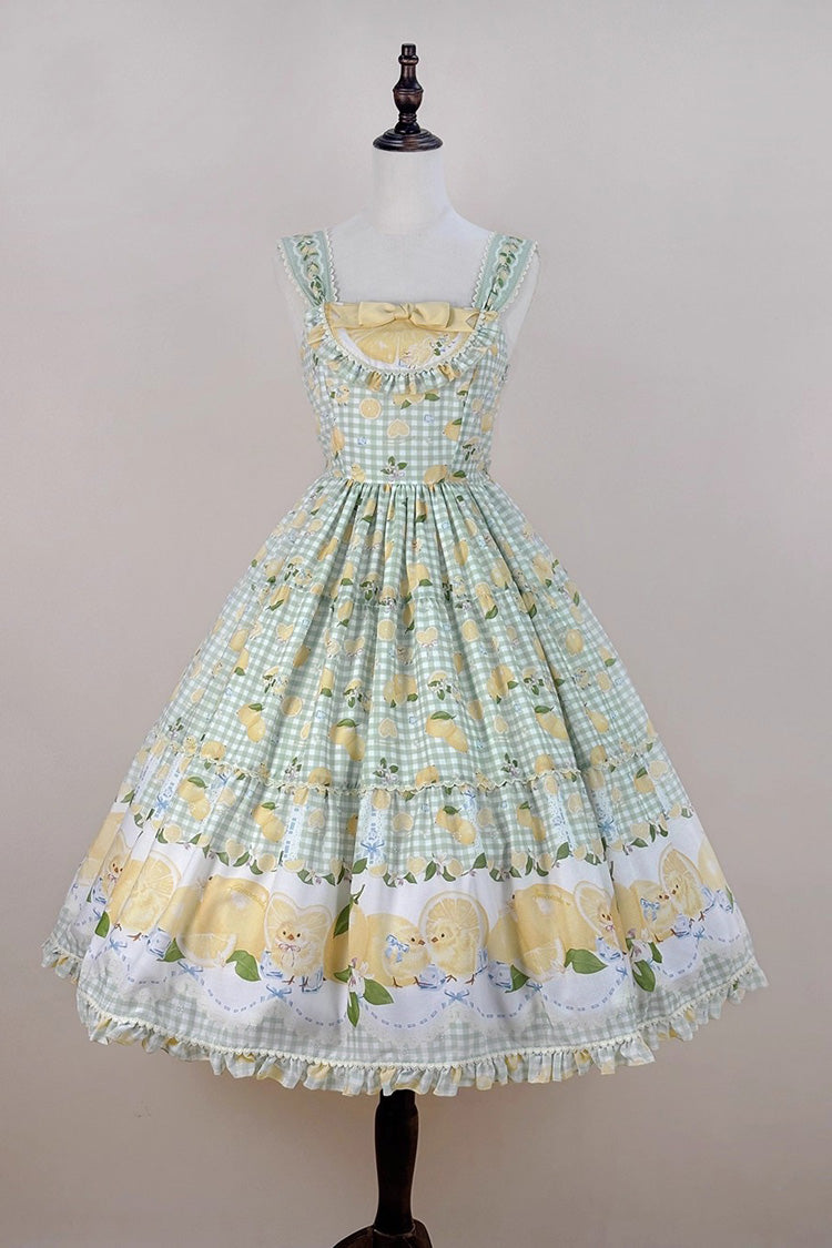 Green [Lemon Chicken] Print Ruffle Bowknot Lace Sweet Lolita Jsk Long Dress
