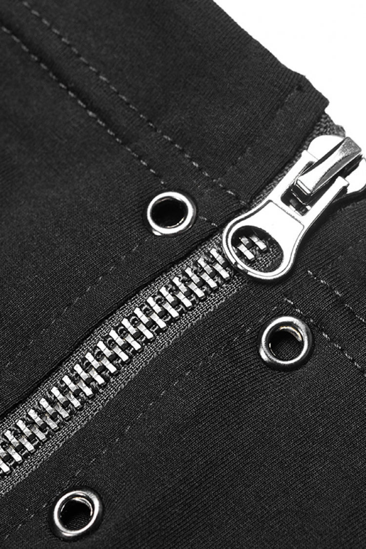 Black High Collar Long Sleeves Zipper Leather Buckle Women's Steampunk T-Shirt