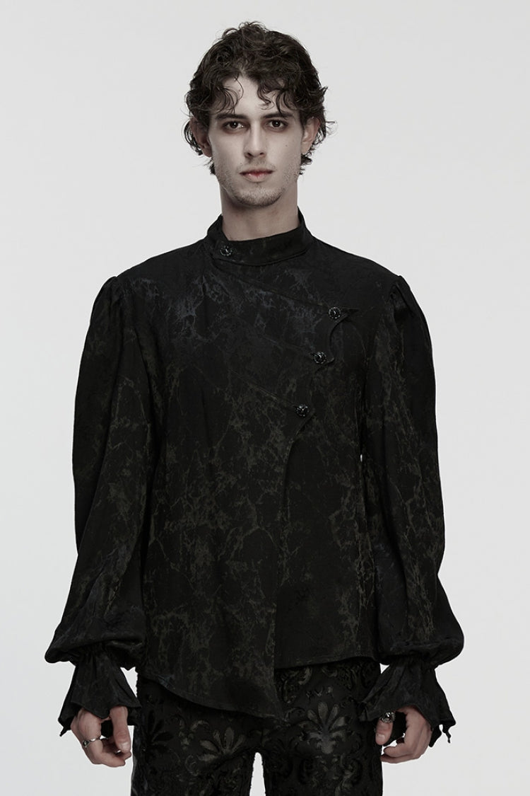Black Stand Collar Long Puff Sleeves Print Asymmetric Men's Gothic Blouse