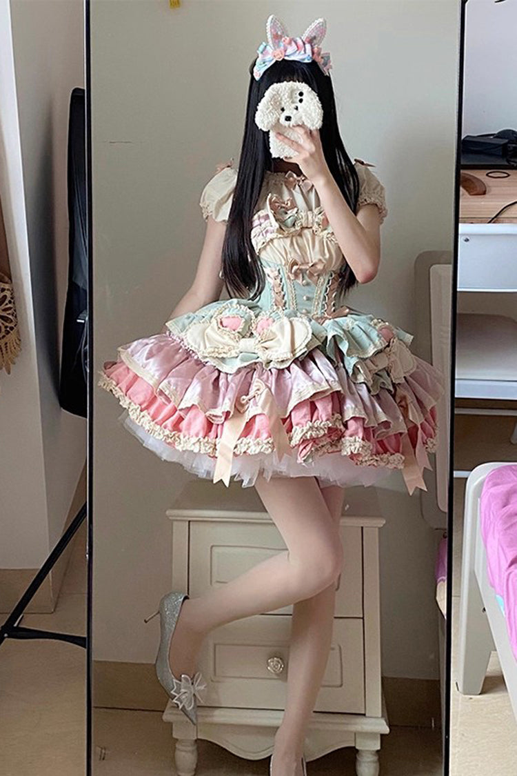 [Ribbon Dance] Multi-Layered Ruffle Bowknot Lace-Up Sweet Princess Lolita Dress 3 Colors