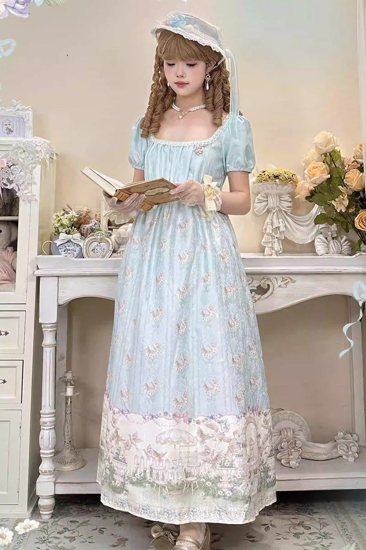 Green [Spring of Nai] Square Collar Short Sleeves Print Pearl Sweet Elegant Lolita Dress