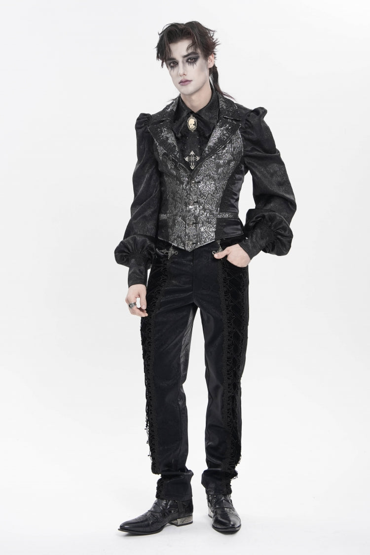 Black Printed Embroidered Spliced Lace-Up Men's Gothic Pants