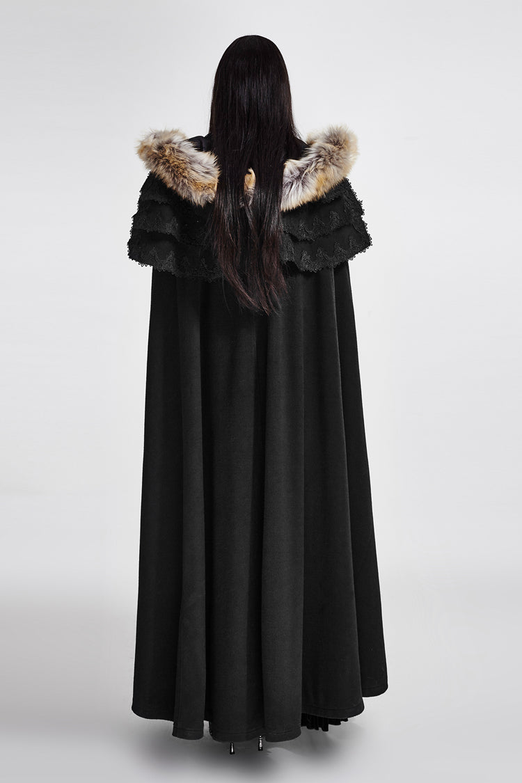 Black Hooded Fur Collar Wool Long Womens Gothic Coat Cloak