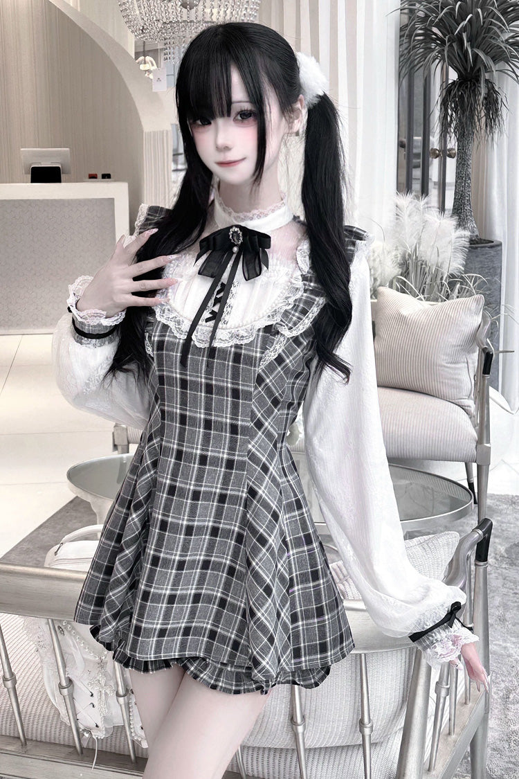 [First Love Contract] Print Bowknot Lace Gothic Jirai Kei Dress Set 4 Versions