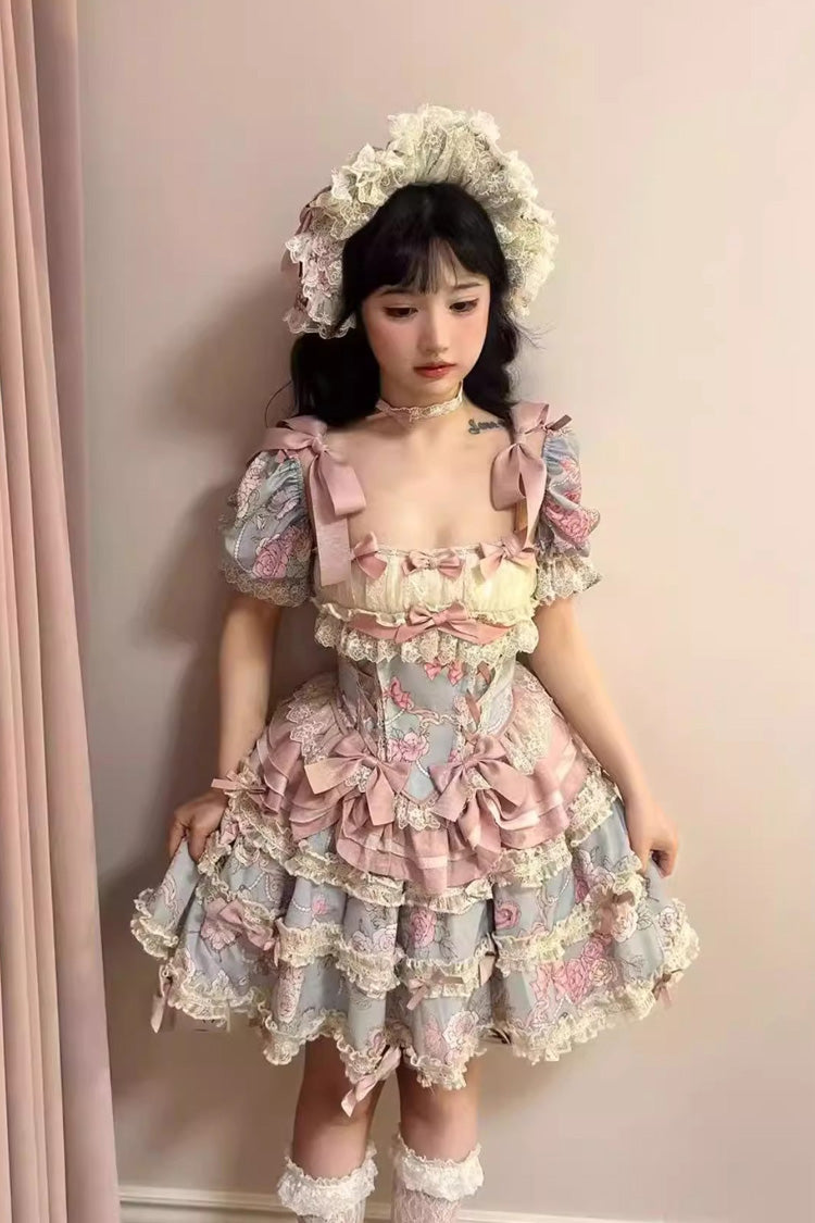 Blue/Pink [Gem Rose] Multi-Layered Ruffle Bowknot Lace Sweet Princess Lolita Skirt 2 Versions