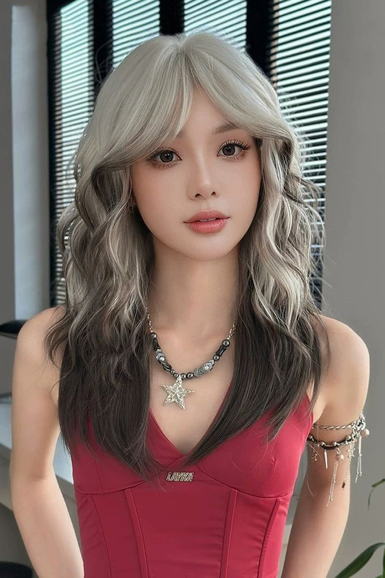Silver Grey Ombre Wavy Wolf Cut Sweet Lolita Wig with Curtain Bangs