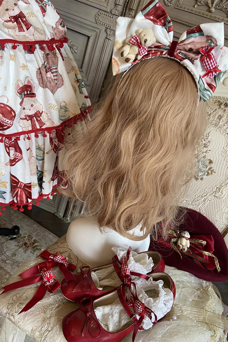 Rot/Weiß [Weihnachtsbär] Druck Dreilagiges Rüschen Bowknot Süßes Prinzessin Lolita Jsk Kleid