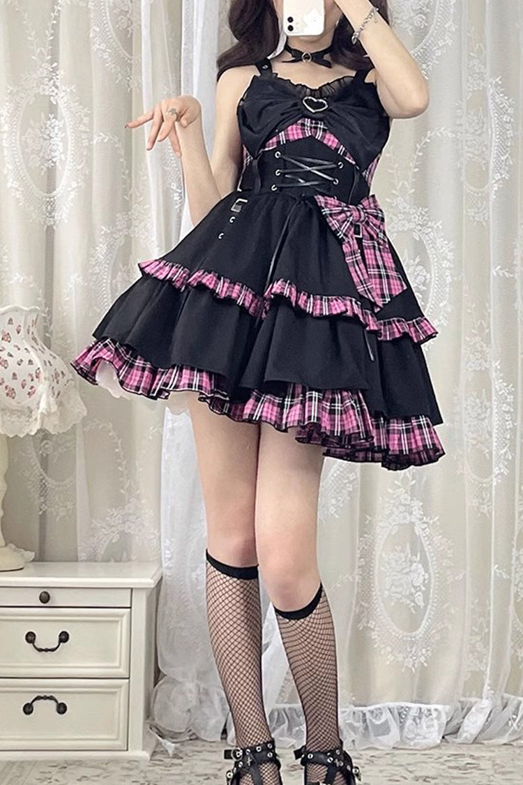 Black/Pink Plaid Print Color Contrast Leather Buckle Bowknot Ruffle Gothic Lolita JSK Dress
