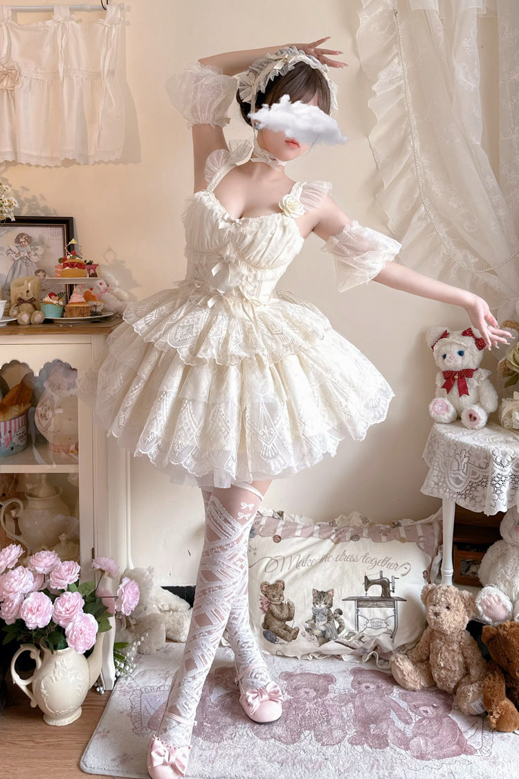 Ivory [Tidal] Triple-Layered Ruffle Bowknot Sweet Lolita Skirt 2 Versions