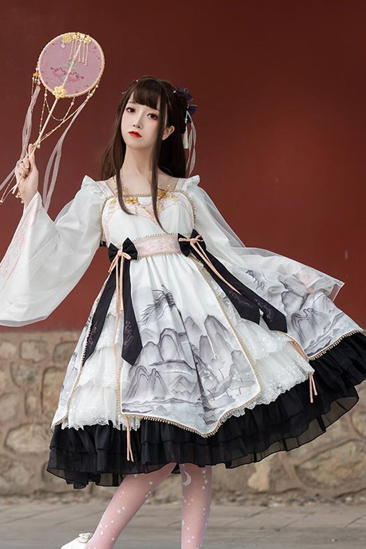 Chinese Style Long Sleeves Landscape Painting Print Bowknot Sweet Elegant Lolita Dress 2 Colors