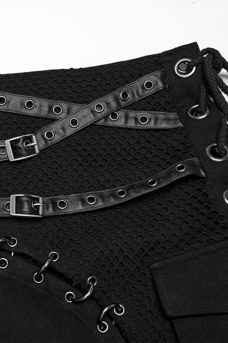Black Faux Leather Stitching Lace-Up Irregular Mesh Men's Gothic Kilt