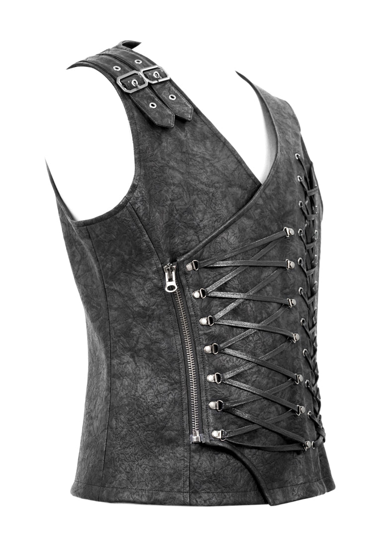 Gray V Neck Fog Flower Shoulder Loop Chest Lace Up Men's Punk Waistcoat