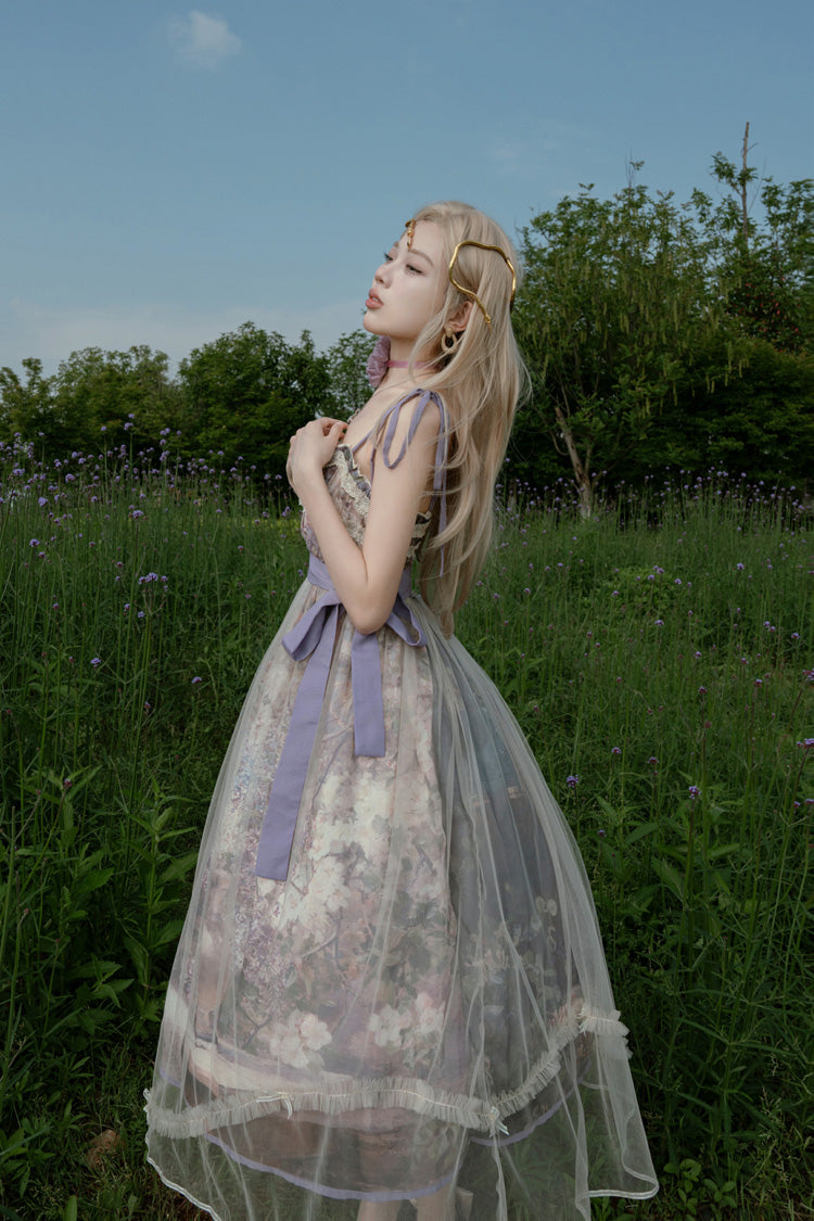 Peinture à l'huile violette [– À l'ombre des arbres en fleurs] Robe Jsk Lolita douce sans manches à imprimé volant avec nœud en dentelle 
