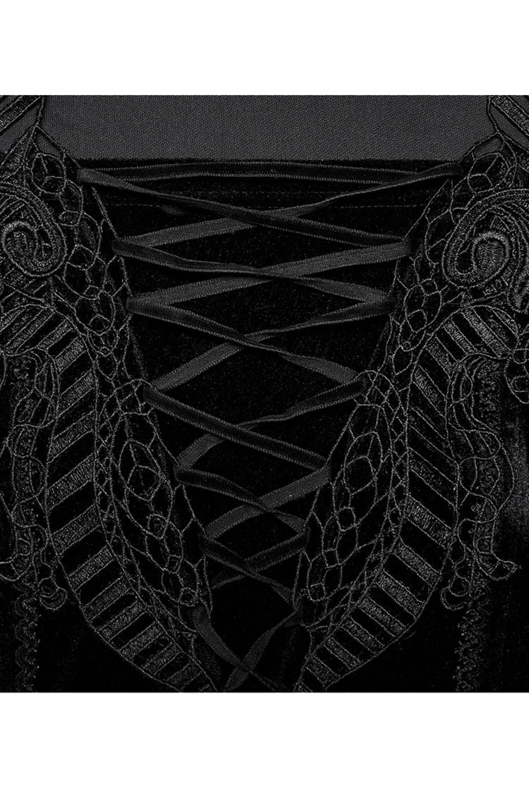 Black Gorgeous Velvet Fabric Embroidered Jacquard Neckline Irregular Hem Trumpet Sleeve Women's Gothic Dress