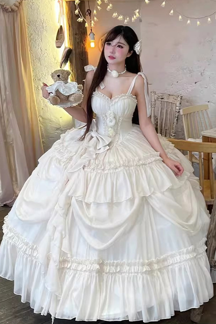 Apricot/Beige [Antique Bride] Sleeveless Multi-Layered Ruffled Bow Lace Sweet Elegant Gorgeous Full Skirt Lolita Jsk Dress