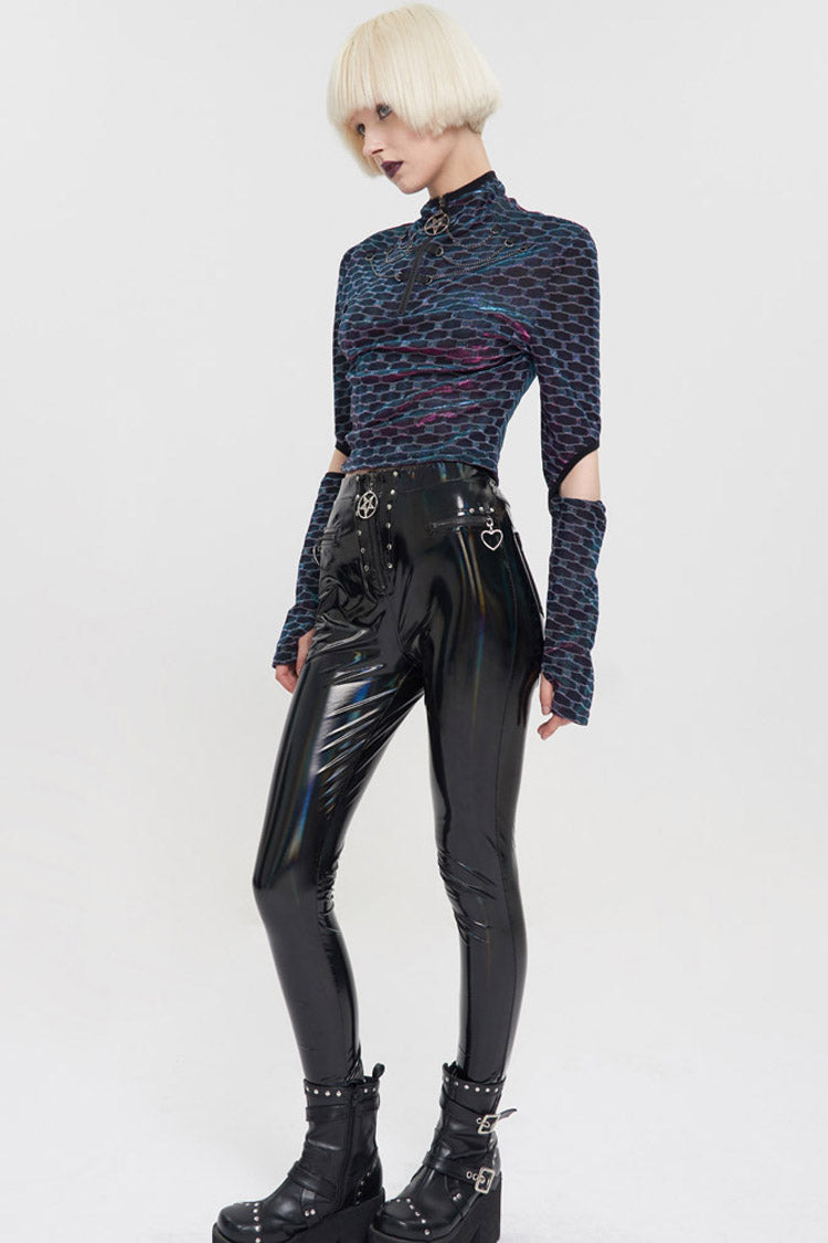 Multi-Color Punk Long Sleeve Mesh Fabric Front Collar Pentagram Zipper Chain Collocation Women's T-Shirt