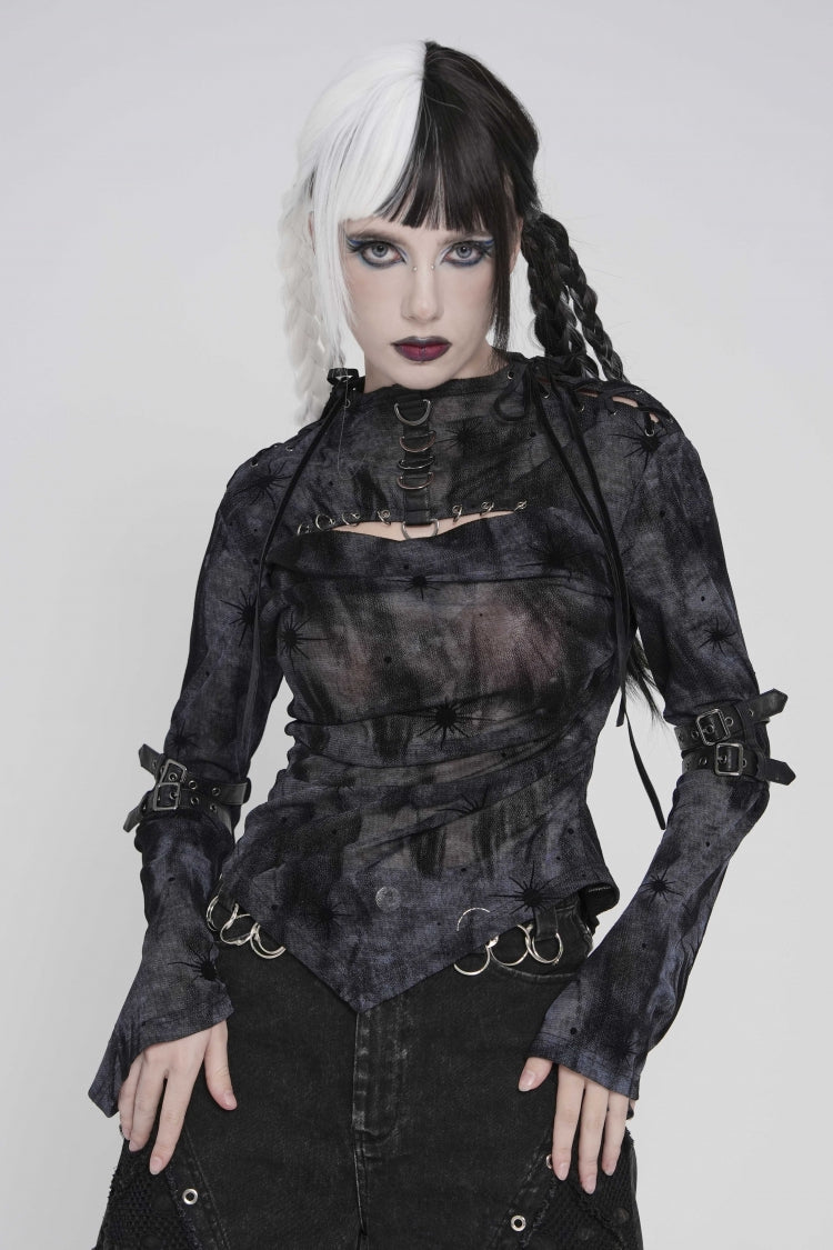 Black Stand Collar Long Sleeves Printed Spliced Lace-Up Asymmetric Buckled Women's Punk Blouse
