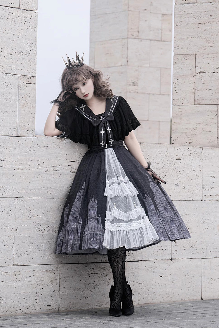 Schwarzes ärmelloses Gothic Vintage Lolita Jsk Kleid mit Spitze und Print
