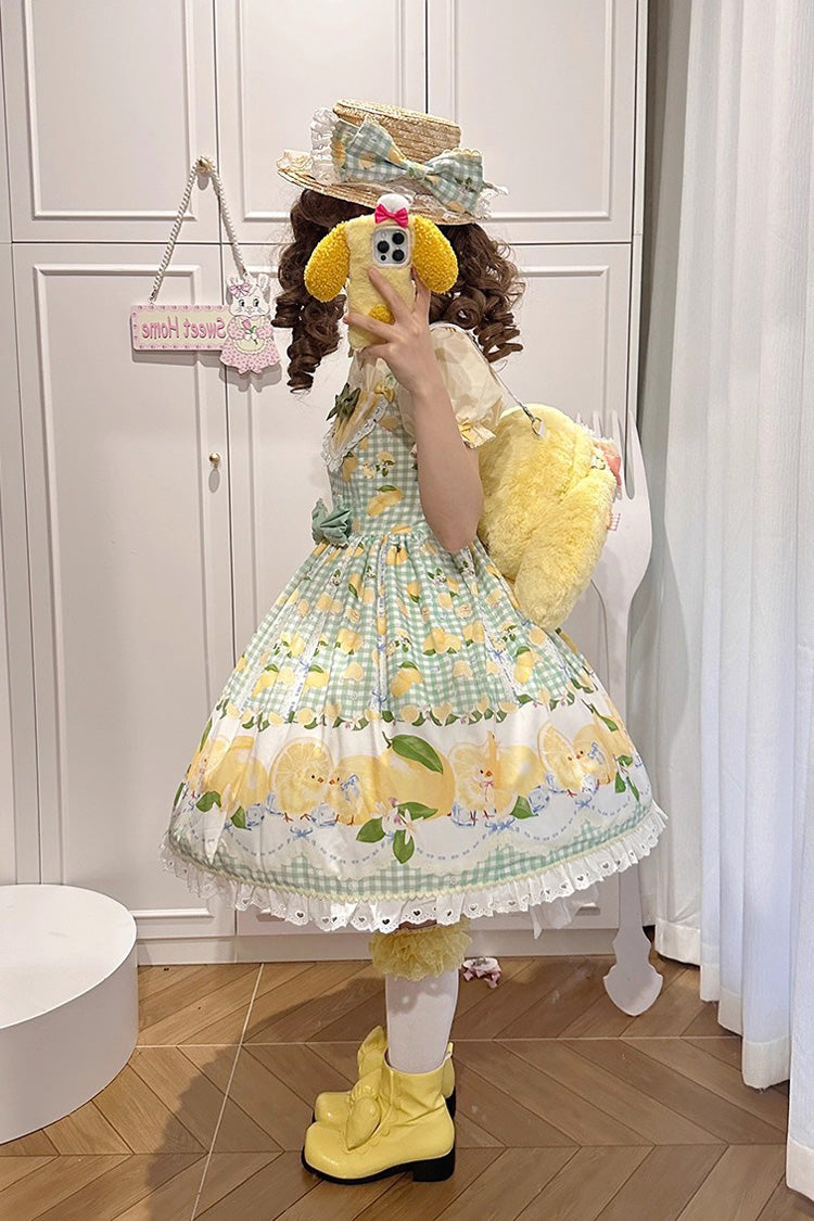 Green [Lemon Chicken] Print Ruffle Bowknot Lace Sweet Lolita Jsk Dress