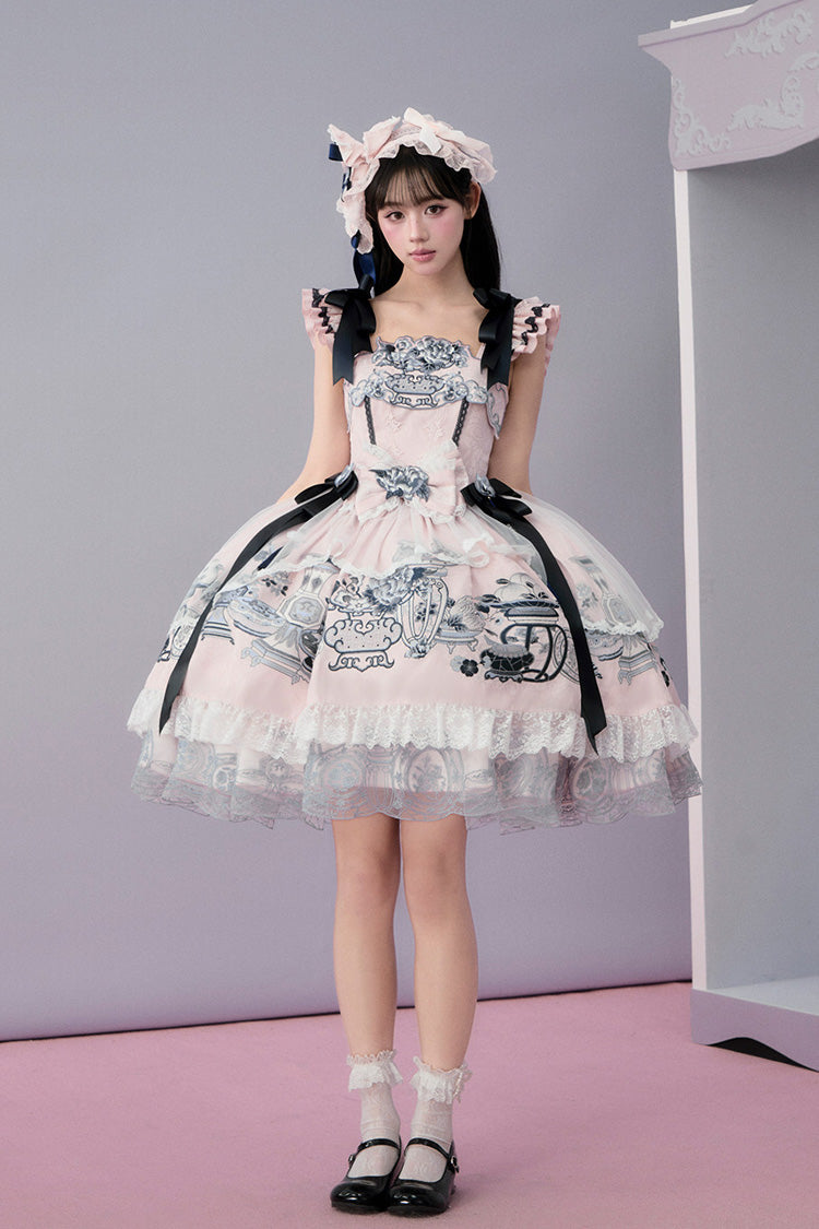 Pink [Celadon Jade Cup] Square Collar Flutter Sleeves Printed Ruffled Embroidered Bow Lace Classic Chinese Inspired Lolita Jsk Dress