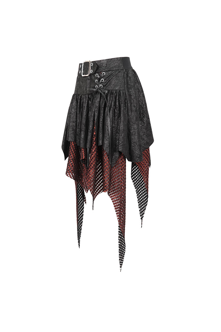 Red/Black Lrregular Mesh Splice Buckle Women's Gothic Skirt