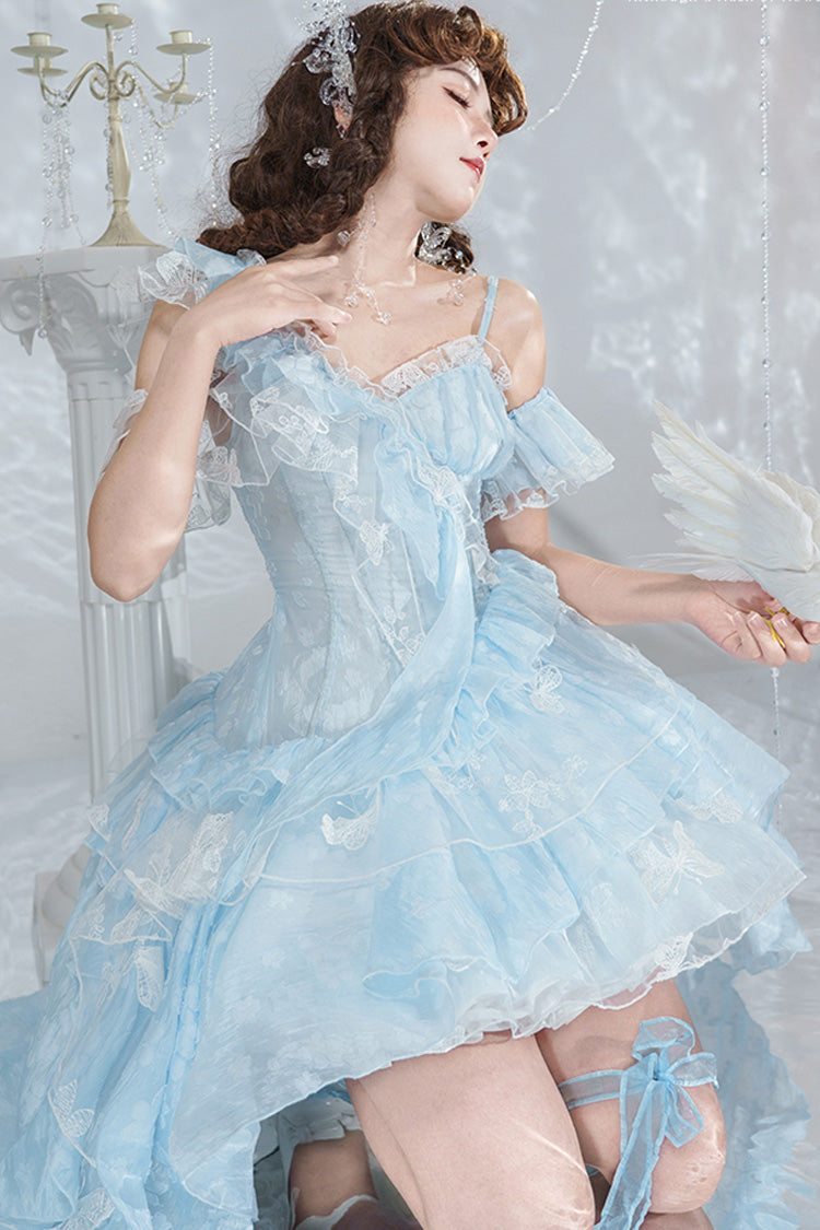 Blue [Summer of Bubbles] Sleeveless Ruffle Embroidery Lace Irregular Train Sweet Lolita Jsk Dress