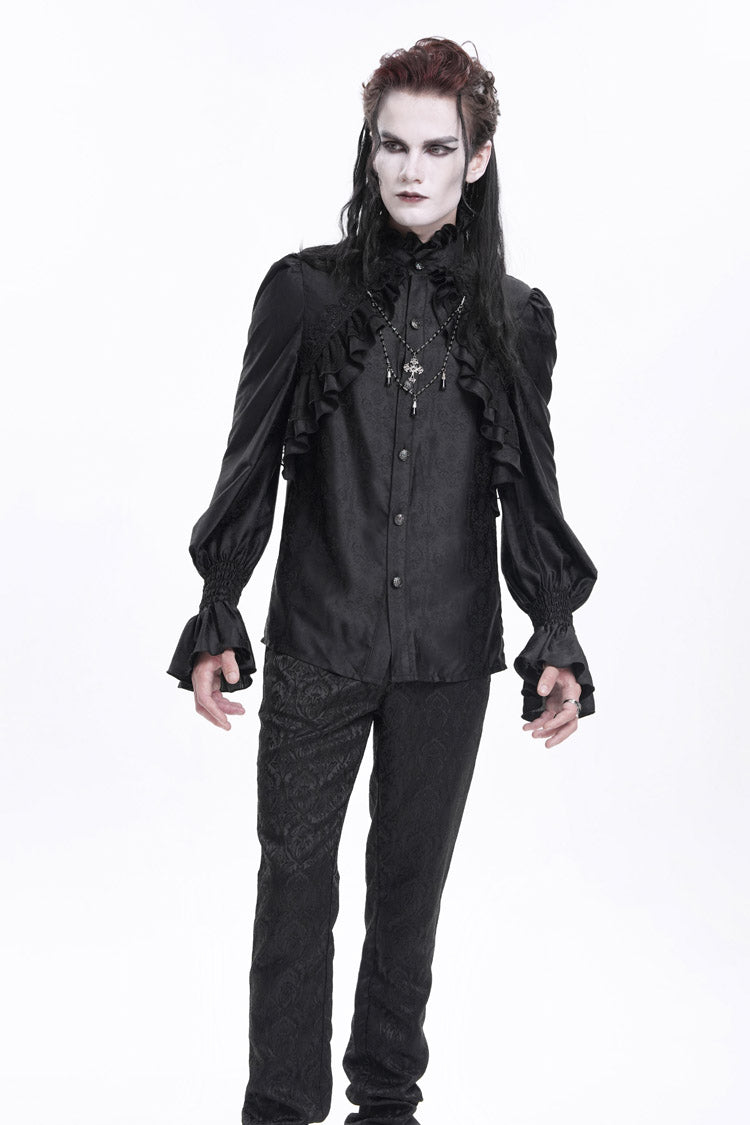 Black Stand Collar Long Sleeves Ruffle Lace Cross Men's Gothic Blouse