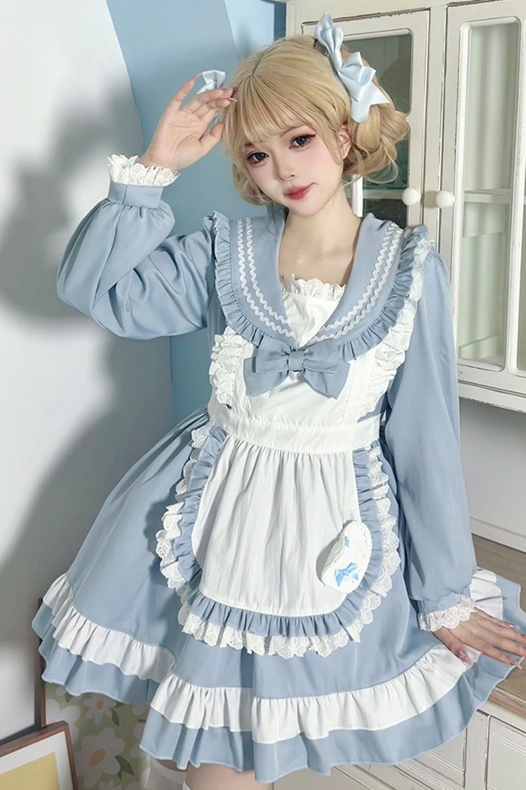 Blue Maid Long Sleeves Ruffle Bowknot Sweet College Style Lolita Dress 2 Colors