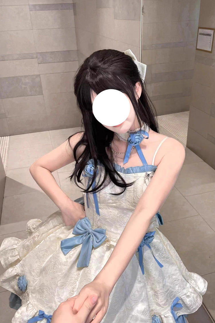 Apricot/Blue Print Ruffle Bowknot Sweet Princess Lolita Jsk Dress